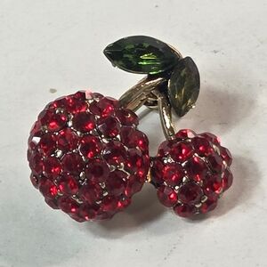 Small Dainty Cherry Pave Crystal Rhinestone Brooch Pin Fruit Whimsy Gold Tone